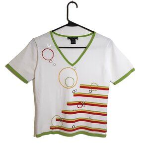 Vintage Nicole Studio Blouse Size 10 Viscose-Nylon Short Sleeve Pullover V-Neck